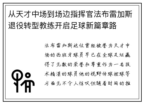 从天才中场到场边指挥官法布雷加斯退役转型教练开启足球新篇章路 从天才中场到场边指挥官法布雷加斯退役转型教练开启足球新篇章路