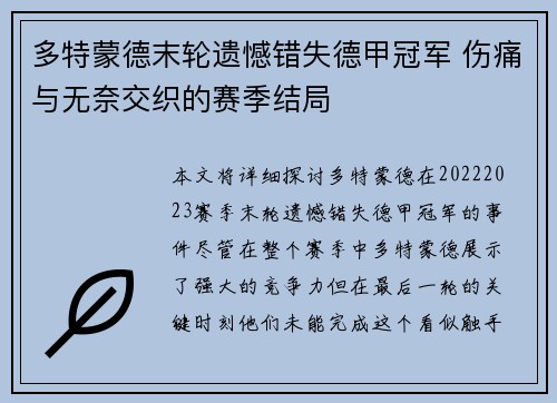 多特蒙德末轮遗憾错失德甲冠军 伤痛与无奈交织的赛季结局