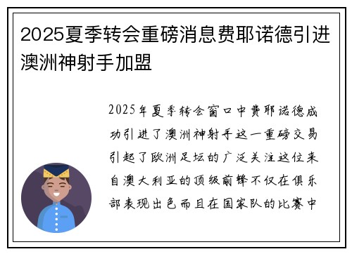2025夏季转会重磅消息费耶诺德引进澳洲神射手加盟 2025夏季转会重磅消息费耶诺德引进澳洲神射手加盟